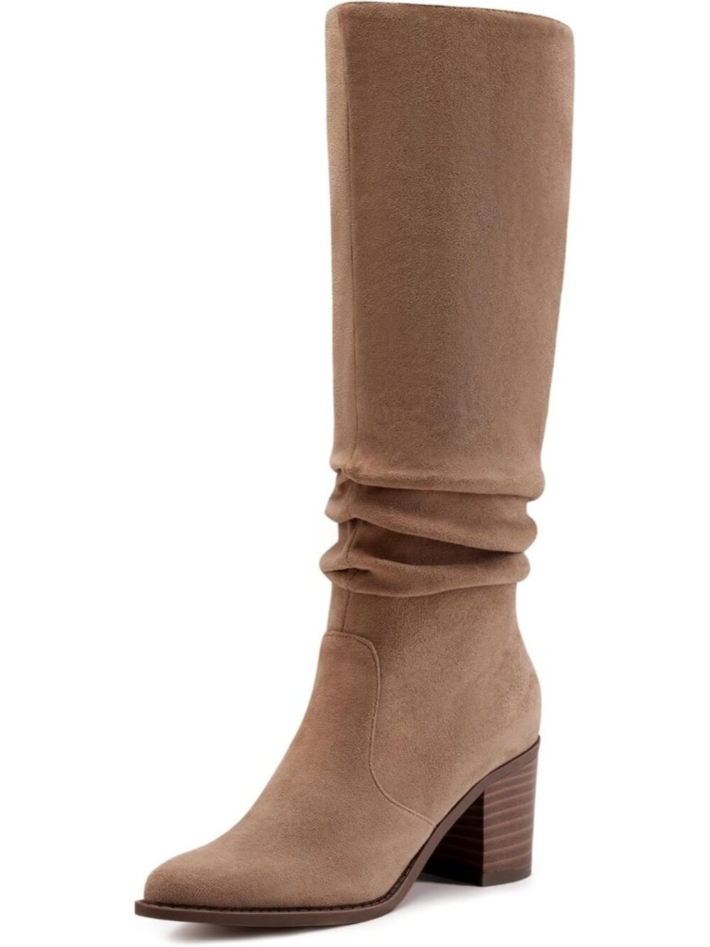 Women's Camel Knee High Boots Chunky Heel Faux Suede Square Toe Tall Boots